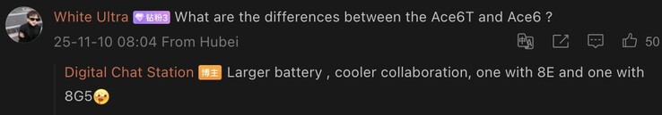 Советник сравнивает ванильный OnePlus Ace 6 с предполагаемым Ace 6T. (Источник изображения: Weibo - машинный перевод)