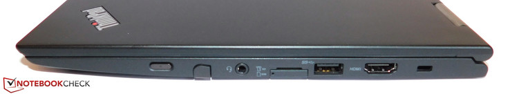 Справа: кнопка питания, слот для стилуса, 3.5-мм аудиопорт, слот для SIM-карты, адаптер карт памяти MicroSD, порты USB 3.0, HDMI, замок Kensington lock