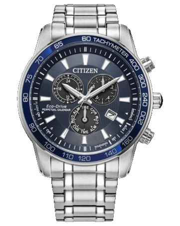 Хронограф Citizen Classic Eco-Drive с темно-синим циферблатом, серебристым корпусом и браслетом из нержавеющей стали диаметром 44 мм, безелем с тахиметром, тремя дополнительными циферблатами и окошком даты.