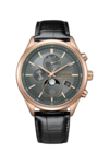 Часы Citizen BY1033-01H Eco-Drive с индикатором фаз Луны, оснащенные циферблатом цвета «антрацит», корпусом из нержавеющей стали цвета розового золота, черным кожаным ремешком, аналоговым индикатором фаз Луны, двумя дополнительными циферблатами и окошком даты.