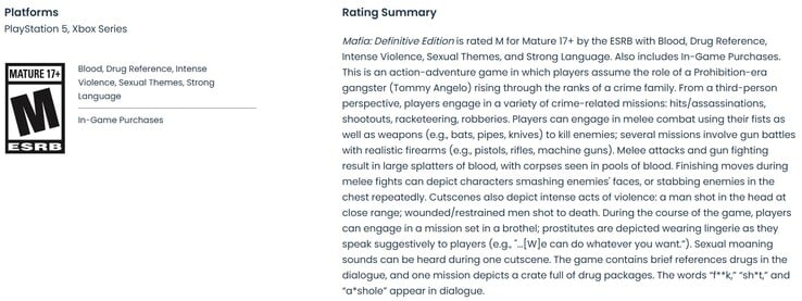 Рейтинг ESRB для версии игры «Mafia Definitive Edition» на PS5 и Xbox Series X | S.