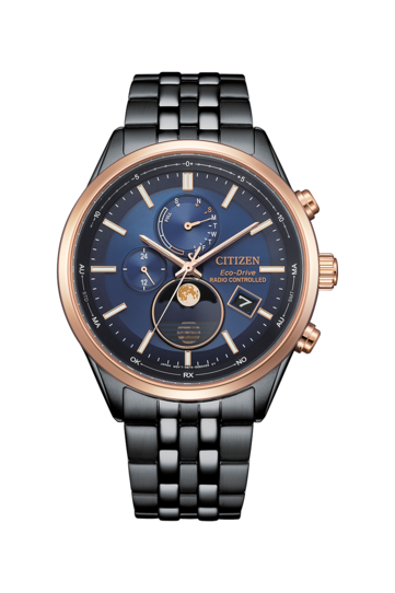 Часы Citizen BY1036-53L Eco-Drive с индикатором фаз Луны, синим циферблатом, черным корпусом и браслетом из нержавеющей стали, безелем цвета розового золота, аналоговым индикатором фаз Луны, двумя дополнительными циферблатами и окошком даты.