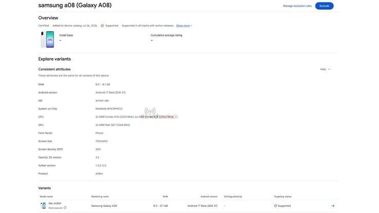 Описание модели Samsung Galaxy A08 в Google Play Console.