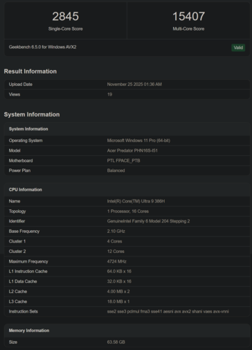 Листинг Intel Core Ultra 9 368H Geekbench (источник изображения: Geekbench)
