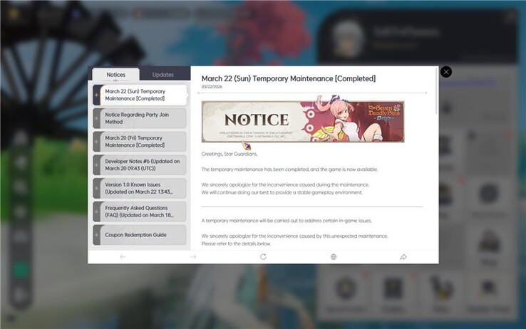 Внутриигровое уведомление от 22 марта, подтверждающее исправление звука и других ошибок в игре The Seven Deadly Sins: Origin.