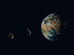 Иллюстрация художника, на которой изображены два астероида, приближающиеся к Земле.