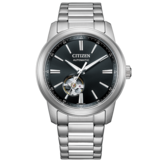 Автоматические часы Citizen NH9150-52E с чёрным циферблатом, открытым механизмом, корпусом из нержавеющей стали и браслетом из трёх звеньев с матовой поверхностью.
