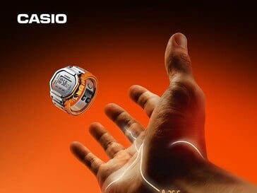 Умные часы-кольцо Casio CRW-H001M-8, парящие над вытянутой рукой на оранжевом фоне.