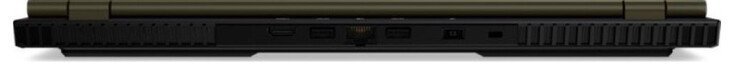 Задняя сторона: HDMI , USB 3.2 Gen 2 (Type-A), гигабитный Ethernet, USB 3.2 Gen 2 (Type-A), разъем питания, слот замка Kensington