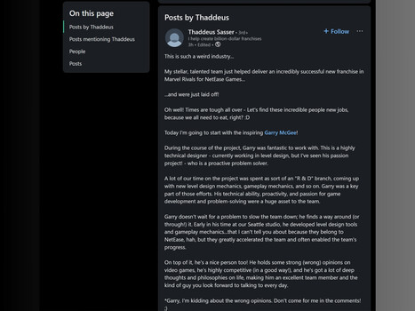 Сообщение NetEase Games Thaddeus Sasser в LinkedIn (Источник изображения: Скриншот, LinkedIn)