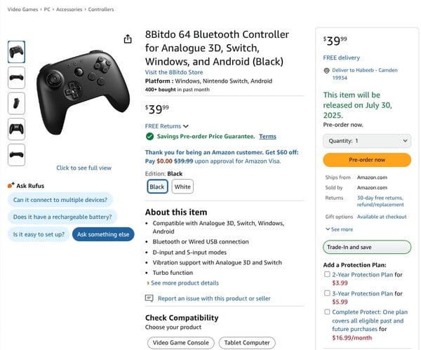 Дата выхода контроллера 8BitDo 64 теперь назначена на июль. (Источник изображения: Amazon)