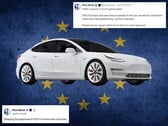 Tesla с флагом ЕС и комментариями из X на заднем плане