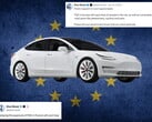 Tesla с флагом ЕС и комментариями из X на заднем плане