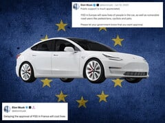 Tesla с флагом ЕС и комментариями из X на заднем плане