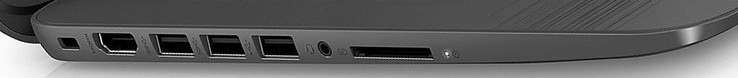 Левая сторона: замок, HDMI, 2 порта USB 3.0, 1 порт USB 2.0, комбинированный аудио разъем, кардридер