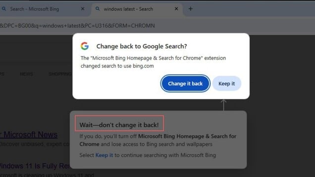 Chrome предлагает вернуться к поиску Google, в то время как расширение от Microsoft призывает пользователей оставаться с Bing.