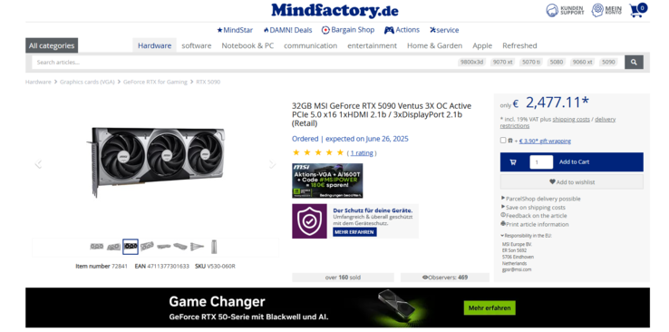 Текущая цена MSI RTX 5090 Ventus 3X OC (Источник изображения: Mindfactory)
