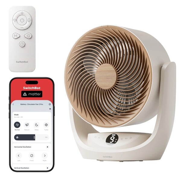 Вентилятор SwitchBot Battery Circulator Fan 2 Pro оснащён пультом дистанционного управления, элементами управления на самом устройстве и поддерживает про