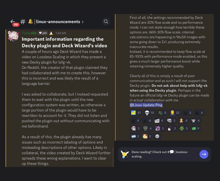 Объявление в Discord от PancakeTAS, в котором PancakeTAS поясняет, что они не участвовали в создании плагина Decky для LSFG-VK, критикует настройки по умолчанию, используемые в плагине, и заявляет, что не будет оказывать ему поддержку. (Источник изображения: Discord/@PancakeTAS)