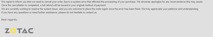 Электронное письмо, разосланное клиентам компанией ZOTAC. (Источник изображения: Reddit) 