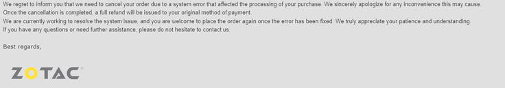 Электронное письмо, разосланное клиентам компанией ZOTAC. (Источник изображения: Reddit) 
