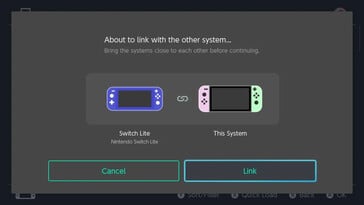 Шаг 2 соединения консолей Nintendo Switch для обмена виртуальными игровыми картами: На этом экране, озаглавленном "About to link with the other system...", пользователю предлагается поднести консоли Nintendo Switch близко друг к другу, прежде чем нажать кнопку "Link".