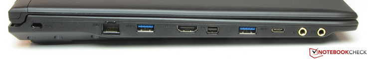 Слева: слот замка Kensington, Гигабитный Ethernet, USB 3.0, HDMI, mini-DisplayPort, USB 3.0, USB Type-C (Gen.1), гнездо микрофона, аудио разъем