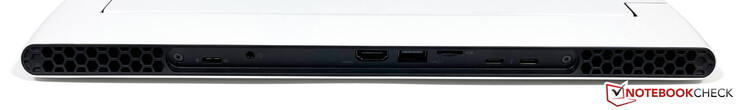 Задняя сторона: USB-C 3.2 Gen.2 (15 Вт Power Delivery, DisplayPort 1.4), аудио разъем, HDMI 2.1 (HDCP 2.3), USB-A 3.2 Gen.1, слот microSD (5.2 UHS-II), 2x USB-C с поддержкой Thunderbolt 4 (15 Вт Power Delivery, DisplayPort 1.4)