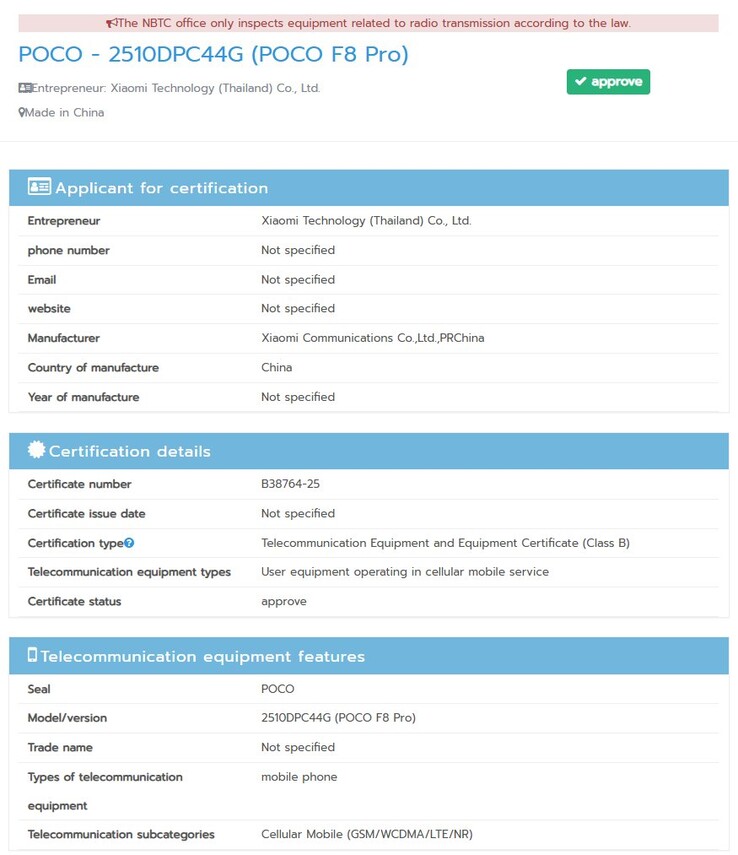 Poco F8 Pro получил сертификат NBTC в Таиланде. (Источник изображения: NBTC)