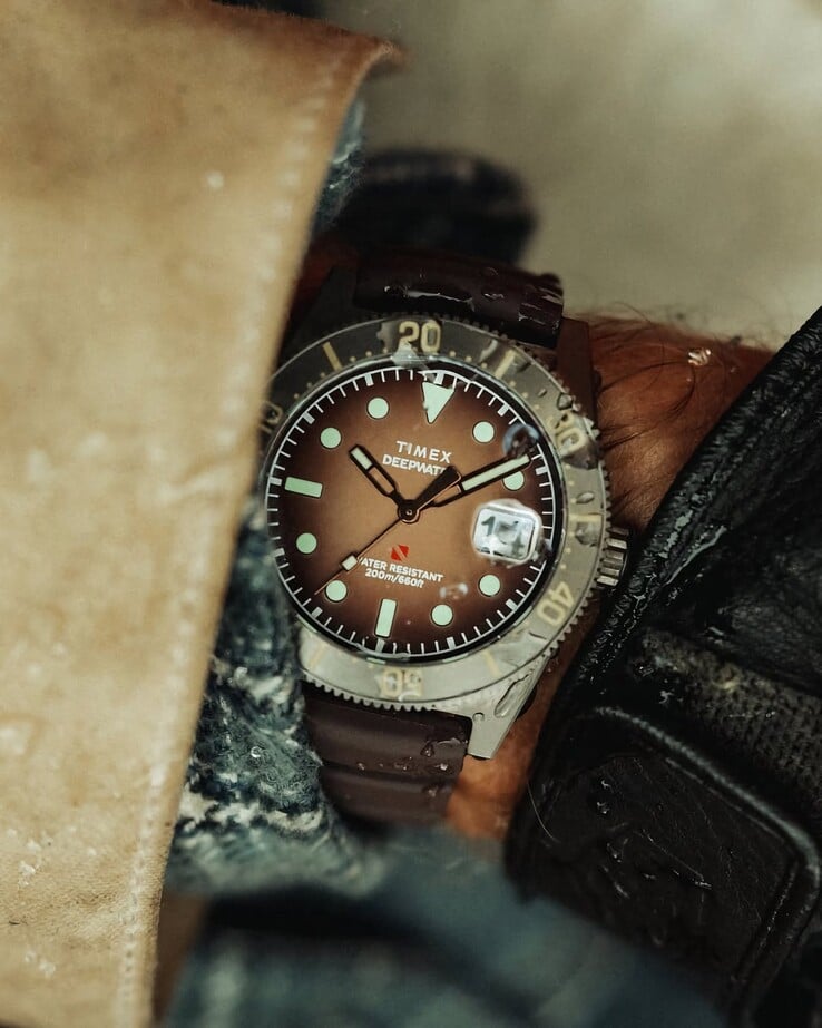 Часы для дайвинга Huckberry x Timex Deepwater Reef 200 с коричневым циферблатом, корпусом из нержавеющей стали, чёрным безелем и ремешком того же коричневого цвета.