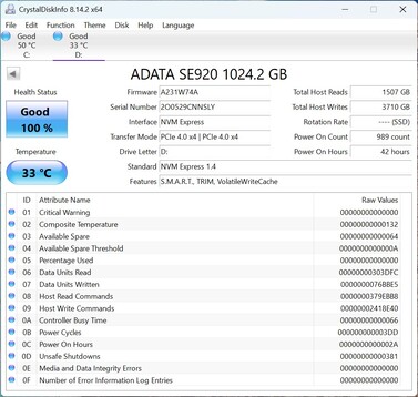 ADATA SE920 работает с интерфейсом PCIe 4.0 x4