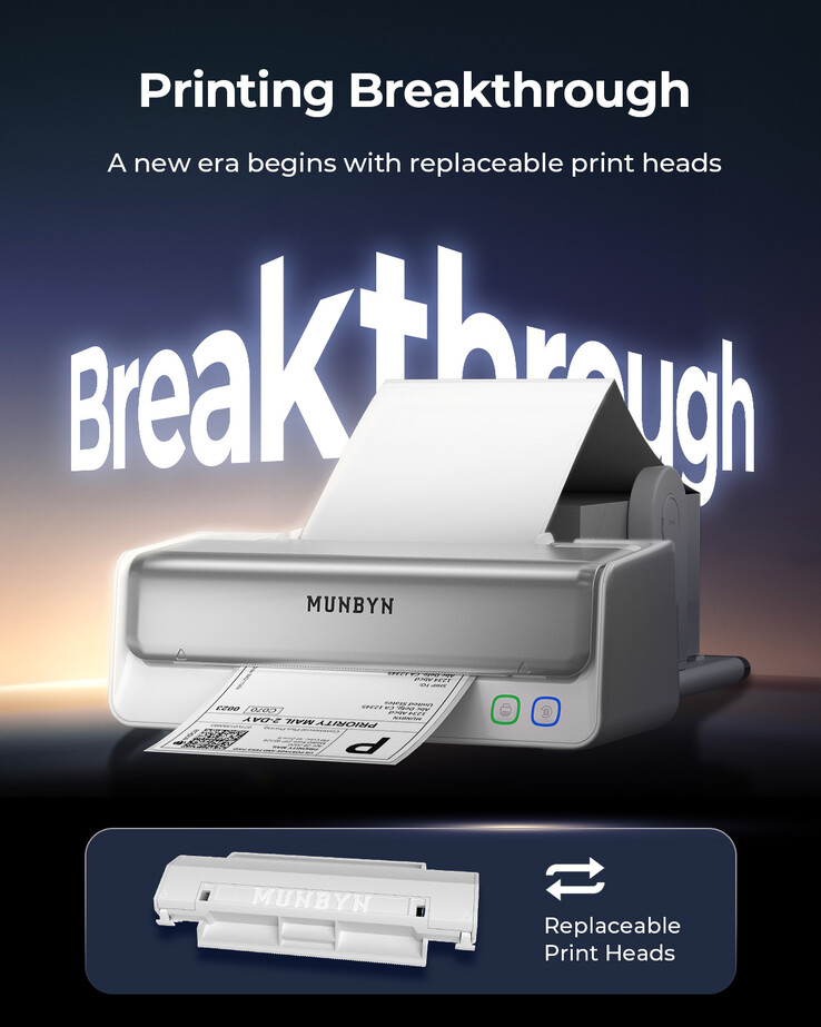 Термопринтер для печати этикеток Munbyn RW405B оснащен сменной печатающей головкой (Источник изображения: Munbyn)