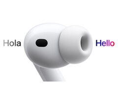 Художественное изображение AirPods Pro 3, переводящего испанский язык на английский. (Источник изображения: Apple)