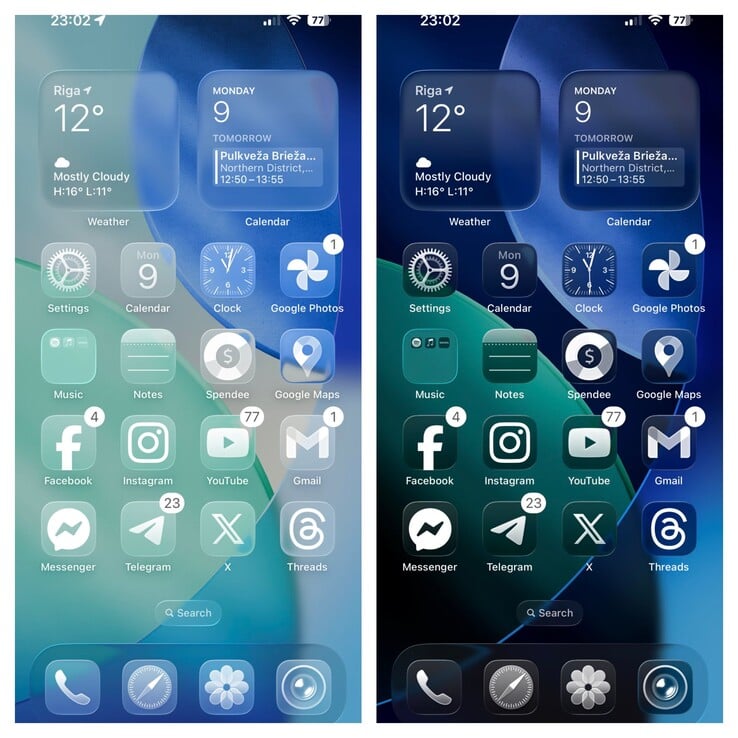 iOS 26 Режим Clear Light против Clear Dark. (Источник изображения: Ben Geskin on X)