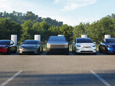 Model Y, Cybertruck, Model 3 и Model S/X выстроились в ряд на станции Supercharger. (Источник изображения: Tesla)