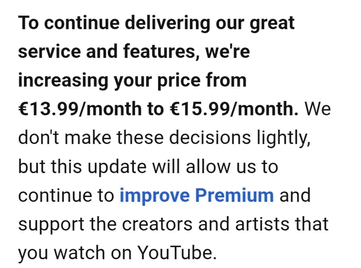 Электронное письмо о повышении стоимости индивидуального тарифного плана YouTube Premium