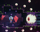 Celeste steam deal screebshot, показывающий персонажа, сражающегося с гигантским глазным яблоком