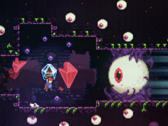 Celeste steam deal screebshot, показывающий персонажа, сражающегося с гигантским глазным яблоком