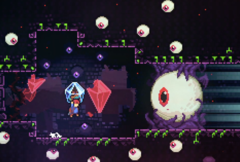 Celeste steam deal screebshot, показывающий персонажа, сражающегося с гигантским глазным яблоком