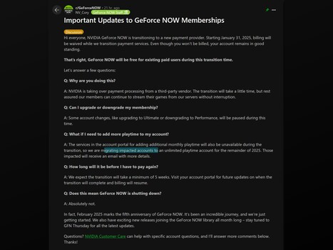 Сообщение об обновлении Nvidia GeForce Now Reddit (Источник изображения: GeForce Now Reddit)