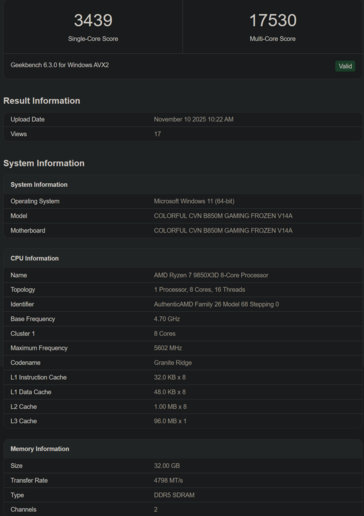 Ryzen 7 9850X3D Geekbench listing 2 (источник изображения: Geekbench)