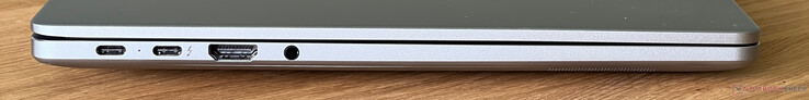 Слева: USB-C 3.2 Gen 1 (5 Гбит/с, режим DisplayPort ALT, Power Delivery), USB-C 4.0 с Thunderbolt 4 (40 Гбит/с, режим DisplayPort ALT, Power Delivery), HDMI 2.0, 3,5-мм аудио