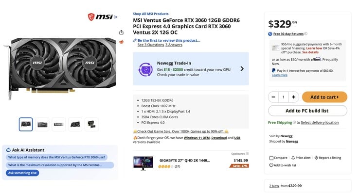 На изображении представлено новое объявление о продаже видеокарты RTX 3060, а именно модели MSI Ventus RTX 3060 с 12 ГБ видеопамяти, по цене 329 долларов.