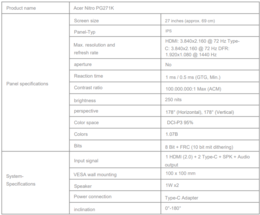 Технические характеристики Nitro PG271K (Источник изображения: Acer - машинный перевод)