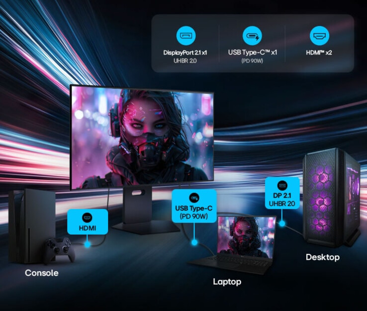 UltraGear 32GX870B имеет четыре видеовхода, включая порт USB Type-C, который позволяет заряжать устройства мощностью до 90 Вт.