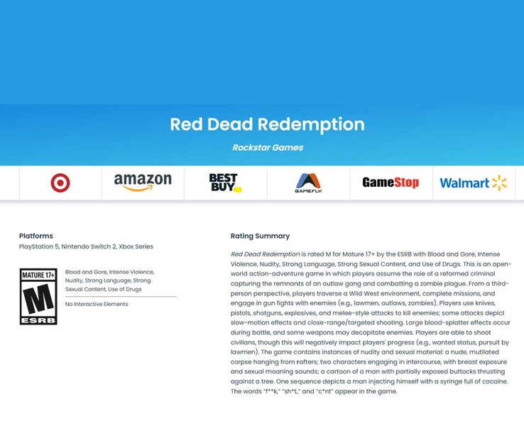 Страница рейтинга ESRB для Red Dead Redemption с пометкой Mature 17+, перечисленными платформами и подробным описанием содержания (Источник изображения: ESRB)