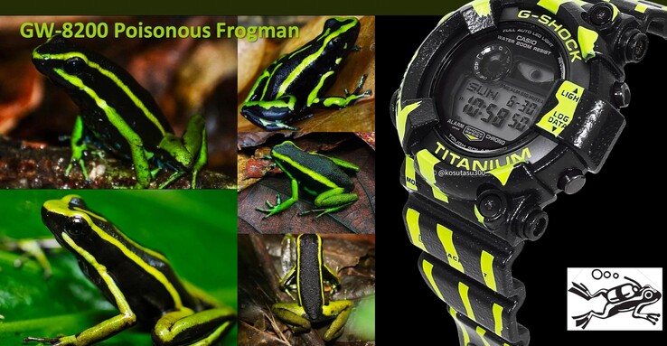 Возможная утечка фотографии часов Casio Frogman GW-8200TPF Poison Dart Frog (слева). (Источник изображения: Kosutasu300 через Instagram)