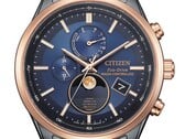Крупный план часов Citizen BY1036-53L Eco-Drive с индикатором фаз Луны: синий циферблат, безель цвета розового золота, черный корпус из нержавеющей стали, аналоговый индикатор фаз Луны в положении «6 часов»