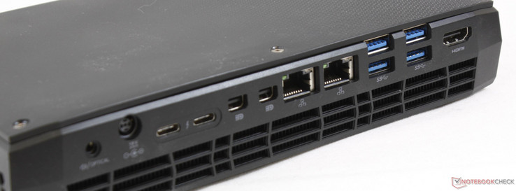 Задняя сторона: Оптический SPDIF выход, разъем питания, 2 порта Thunderbolt 3, 2 порта mini-DisplayPort 1.3, 2 гигабитных разъема RJ-45, 4 порта USB 3.0, HDMI 2.0a