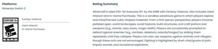 Рейтинг ESRB для порта Minecraft на Switch 2.
